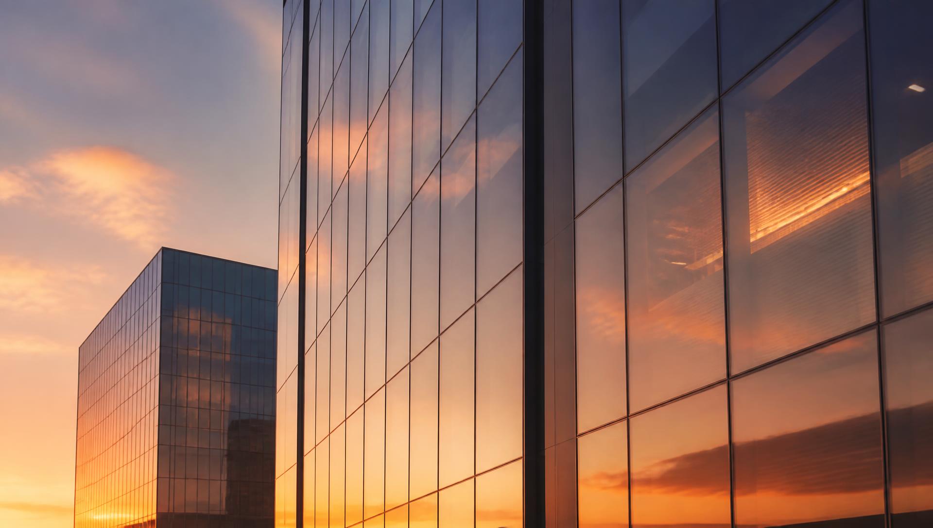 Modern glass office towers at golden hour — Modam Health